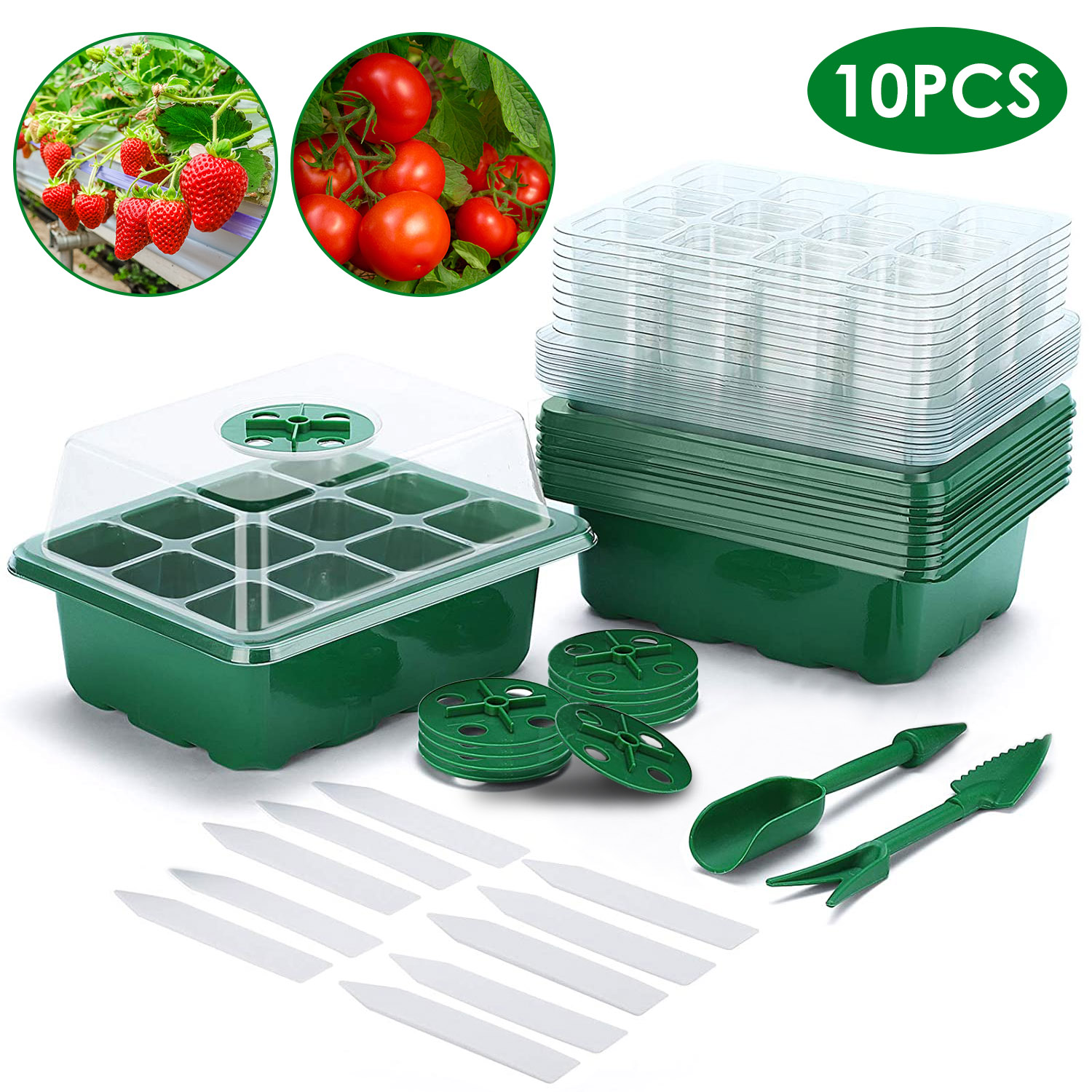 10Pcs Seed Starter Tray Kit Reusable Overall 120Cells Seeding Propagator Station Greenhouse Growing Germination Tray with Humidity Dome Label 2Pcs Gar